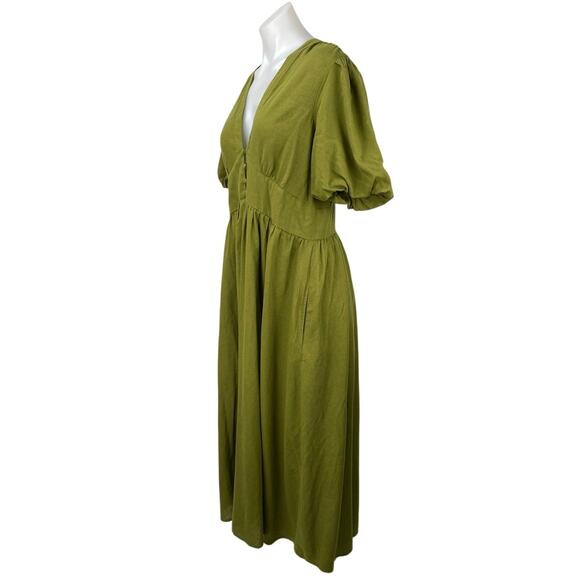 Nobody's Child Women's Green V-neck Short Puff Sleeve Midi A-Line Dress Size 8 - Picture 2 of 5
